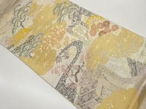 雲に御所車・寺院・草花模様織出し袋帯